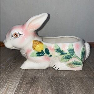 Hand-Painted Ceramic Bunny Planter in Pink and Yellow Floral Design